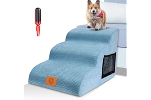 HEVOL Haustiertreppe für Kleine Hunde,3 Stufen Hundetreppe wasserdichte Katzentreppe, Abnehmbarer Schwamm Hunderampe mit Waschbar Bezug für Bett-Senden 1 Fusselrolle