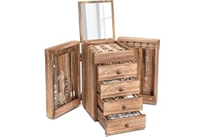 Emfogoo Joyeros Mujer Organizador, Grande Organizador Joyas Madera con Espejo, Joyero Gran Capacidad con Cajón de 4 Capas, Joyero Mujer para Collares, Pendientes, Anillos, Pulseras (Marrón Rústico)