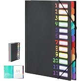 Euqvunn 12-Pocket File Folder, 180&deg; Flat Opening Document Sorter, Organizer Folder with Elastic Band, Black A4 Sorter with Ra