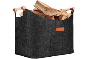 Atoke Panier à bois de chauffage en feutre extra épais avec poignée renforcée - Sac pliable en feutre comme panier de rangement pour bois, journaux, courses et bois de chauffage, gris foncé