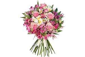 PRESTIGEFLOWERS Luxury Peruvian Lily and Rose Bouquet – Handcrafted Fresh Flowers Featuring Cerise, Pink, White and Yellow Alstroemeria with Belle Roses – Long-Lasting Gift for Birthday, Anniversary or Any Occasion