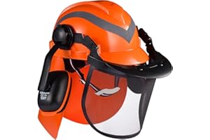 SAFEYEAR Pro Forestry Chainsaw Safety Helmet with Adjustable EarMuffs, Mesh Visor,Anti impact Goggles. M-5009OR EN397 Approved Quality Hard Hat for Chainsaw, Forestry Work,Builder and Industry.