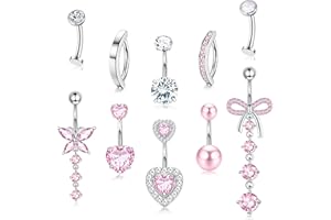 Adramata 10Pcs 14G Piercing Nombril Acier Chirurgical Piercing Nombril Anneau Hypoallergénique Piercings Nombril Grossesse Pendants avec Strass CZ Bijoux de Piercings Nombril Or Argent Rose
