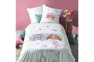 OMYDREAM Pat Patrouille Douce Nuit Parure de Lit Enfant | 100% Coton | Oeko-TEX | Housse de Couette 140x200 cm + 1 Taie d'oreiller 63x63 cm | Rose, Blanc
