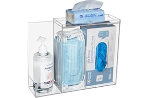 SEANADO Face Mask Dispenser 3 Compartment Acrylic Glove Box Holder Hygiene Station for Disposable Face Masks, Emesis Bag, Shoe Cover and Hairnet, Wall Mount Holes or Tabletop Holder （Clear）
