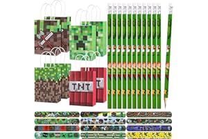 Fizdoqg Miner Videospiel Party Mitgebsel Set 12 Stück Miner Bleistifte 12 Stück Miner Papiertüten 12 Stück Miner Schnapparmband für Kindergeburtstag Gastgeschenke Give Away