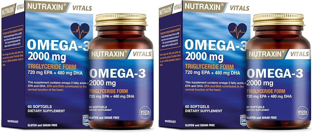 Nutraxin Vitals Omega-3 2000 mg EPA + DHA Balık Yağı içeren Takviye Edici Gıda (1 x 60 kapsül) (2 paketi)