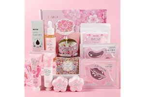 LAIKOU Sakura Pamper Gift Set, Ultimate Bath & Body Care Collection, Hand & Foot Cream, Body Oil, Bath Bombs, Aromatherapy Candle and More, Self Care Package, Spa Gift Set for Women & Teen Girls