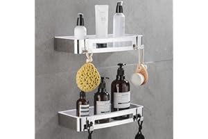 GERUIKE Estanteria Baño, Adhesivo Estanteria Ducha sin Taladro, Montado en la Pared Organizador Baño con 4 Ganchos Acero Inoxidable - 2 Piezas