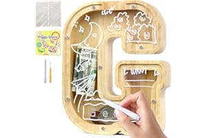Lakpopya Huchas Originales para Niños Hucha Infantil Niña Niño de Alfabeto A-Z Hucha Personalizada Hucha de Madera Transparente con Pegatinas & Rotulador & Destornillador, Regalo para Infanti (G)