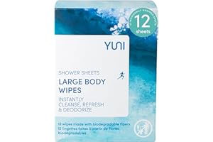 YUNI Beauty Large Body Wipes (Peppermint Citrus, 12 Ct) Soft Moist Showerless Wipes that Cleanse & Deodorize, No Rinse Body Cleanser Biodegradable Individually Wrapped Wipes for Travel, After Workout