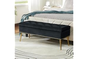 HULALA HOME Modern Velvet Storage Bench Box Ottoman with Gold Base & Nailhead Trim, Upholstered Bedroom Bench for End of Bed, Button-Tufted Footstool for Entryway Living Room Dining Room, Black