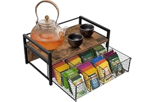 Homode Tea Bag Organizer, Wood Tea Organizers and Storage Chest, Teabag Holder with Storage Drawer,Tea Station Chest Display Container Box for Countertop Kitchen, Rustic Brown