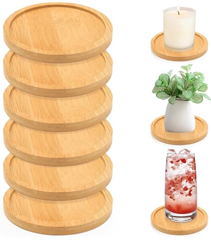 Set De 6 Plateaux à Bougies En Bambou - Assiettes Rondes 8.5 Cm Pour Décoration Mariage, Baptême Et Maison
