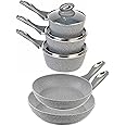 Salter Marblestone 5 Piece Cooking Set – 16cm, 18cm, 20cm Saucepans With Lids, 20cm, 24cm Frying Pan, Non-Stick, Corrosion Resistant Forged Aluminium, PFOA-Free, Suitable For All Hobs, Dishwasher Safe