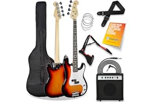 3rd Avenue Full Size 4/4 Electric Bass Guitar Beginner Pack Kit with 15W Amplifier, Bag, Cable, Strap, Stand and Spare Strings – Sunburst