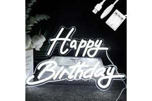 Ginsso Nihong 39.8x28.9CM Happy Birthday Neon Sign Battery Operated, 2 Sections Cool White Happy Birthday Neon Sign for Backdrop, Adjustable Brightness Happy Birthday Signs