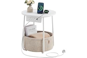 VASAGLE Side Table with Charging Station, Round End Table with Power Outlets, USB Ports, Fabric Basket, Living Room, Bedroom, Bedside Table, Modern, Matte White and Camel Brown LET228W03