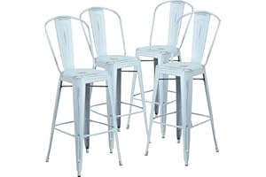 Flash Furniture Muebles Flash Paquete de 4 taburetes de Bar de Metal Envejecido de 30 Pulgadas para Interiores y Exteriores con Respaldo, Verde-Azul, 4 Unidades