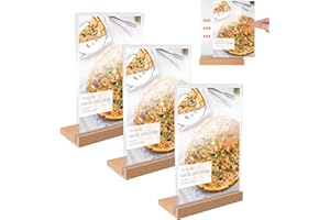 AZKEEGREY Lot de 3 Présentoirs de Table A5 Forme de L, Transparent Support pour Menu Acrylique, Base en Bois Pour Restaurant Hôtel Magasin Menus