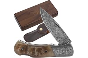YOUSUNLONG Navaja de Bolsillo Plegable - Hoja de Acero de Damasco Total 140 mm - Cuchillo de Supervivencia con Funda de Cuero y Caja de Madera - Mango de Cuerno de Cabra Natural