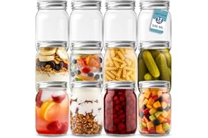 HEFTMAN Glass Mason Jars with Lids - Set of 12 500ml Air Tight Jars for Overnight Oats, Homemade Jam - Sturdy Glass Jar with Lid for Honey, Pickling, Preserving, Food Storage (500ml)