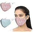 MASQ By Q-One 4 Layer Washable, Reusable, Size Adjustable, Anti-Bacterial (BFE>99%) Embroidered Cotton Cloth Face Mask for Women,Girls with Detachable Chain & Mask Bag (Multicolor, Pack of 2)