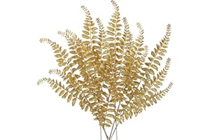 Oairse 60 cm Ensemble de 6 Plantes Artificielles Branche Artificielle Décoration de Noël Paillettes Feuilles de Noël pour Sapin de Noël Nouvel an Ornements, Fougère Artificielle pour Décoration, Or