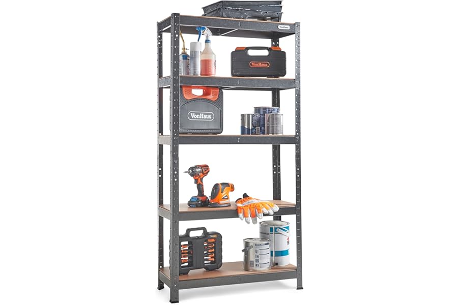VonHaus 5-Tier Garage Shelves - Heavy Duty Garage Racking with Massive 875kg Capacity, 175KG per Shelf - Durable Metal Racking for Garage, Shed and Workshop Storage - 150cm H 75cm W 30cm D