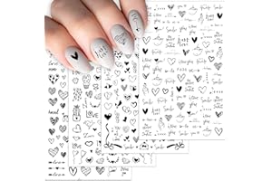 GEBETTER 4 Hojas Pegatinas para Uñas Adhesivas, Corazones Palabras, Calcomanías Uñas Autoadhesivas, Decoración Uñas Arte Nail Stickers Art Manicura Regalo Mujer Día San Valentín (Negro)