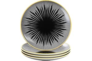INTIRILIFE 4x Plato de porcelana en Rayas - Negro y Blanco - Diámetro 15.3 cm - Plato de desayuno, plato de postre, plato de servir para ensalada, fruta, pasta, postre, plato principal y snacks