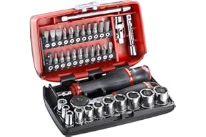 FACOM - Coffret à Douille 1/4" 6 Pans Métriques et Embouts - Coffret Outils Complet - 38 Pièces avec Cliquet, Douilles, Rallonges, Cardan, Poignées - Boîte de Rangement 6 - R2NANO