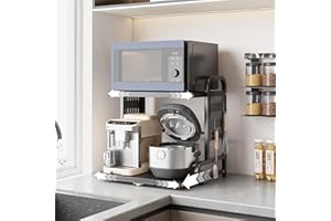 Ornestia Expandable Microwave Shelf With Drawer,2-Tier Microwave Shelf With 6 Metals Hooks,Air Fryer Rack,Baking Rack,Kitchen Countertop Storage Rack,Black