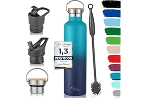 Milu Botella de Agua, 500ml, 750ml, 1000ml (+3 Tapas) - Acero Inoxidable, Libre BPA, Para Bebidas Calientes, Frías y Carbonatadas (Azul Verde, 1l)