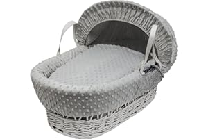 Kinder Valley Grey Dimple Grey Wicker Moses Basket with Full Bedding Set, Adjustable Hood, Fibre Mattress & Padded Liner