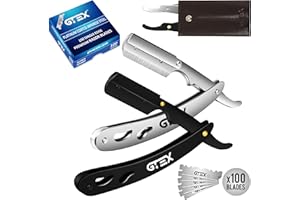 Navaja Afeitar de GTEX - Navaja de Afeitar Hombre Rectas (2 Pack) con 100 GTEX Premium Cuchillas de Afeitar Barbero y Funda de Cuero - Straight Edge Razor Barber