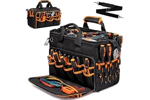 KASTWAVE 17 Inch Heavy Duty Tool Bag, 46 Pocket Organizer for Electricians and HVAC Techs, Wide Mouth Foldable Bag with Adjustable Strap, Durable Contractor Gear, 1680D Rugged Nylon
