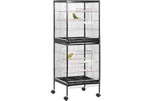 PawHut Gabbia per Uccelli 2 in 1 Voliera per Interni con 4 Ruote Girevoli, Vassoi Estraibili e Contenitori in Plastica, 51.5x50x140 cm, Nero