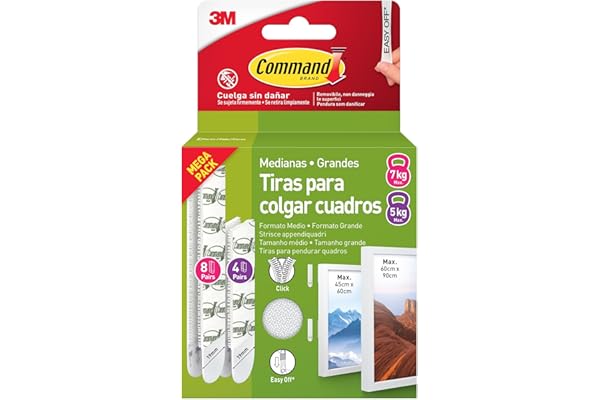 Command Tiras Adhesivas para Colgar Cuadros, 8 pares Grandes/4 pares Medianas, Blancas - Para Marcos, Espejos, Letreros, o Relojes de Pared - Colgar Sin Agujeros y Sin Taladrar