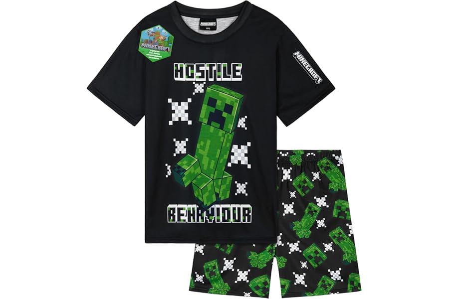 Minecraft Boys Pyjama Sets, 1 or 2 Pack, Half-Sleeve Crew Neck T-shirt & Short Pj Bottoms, Soft Loungewear, Gaming Boys Gifts