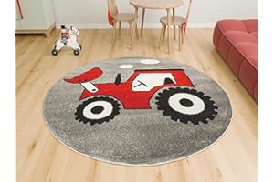 ‎AKCILA AKCILA Lima runden Kinder Teppich Traktor Grau | Rot 100 cm|Kinderzimmer Kurzflor Teppiche | Kinderteppich Jungen |Kids Carpet | Spielteppich Kinder | Babyzimmer Tepich | Wohnzimmer|Schlafzimmer