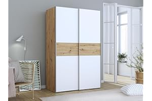 ‎FORTE FORTE OZZULA Schrank 120, Kleiderschrank, Schwebetürenschrank, Schlafzimmerschrank Skandinavisch 2-türig Einlegeböden Kleiderstange, Weiß/Artisan Eiche, 120 cm breit x 190.5 cm hoch x 61 cm tief