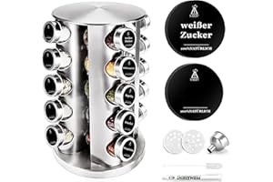SAEIV 360° Rotation Gewürzregal Stehend | Gewürze drehteller organizer | 20 100ml-Gewürzgläser | Fünflagig Gewürzregale Drehbar | Deutsch Gewürzetiketten | Küche Regal | gewürze aufbewahrung