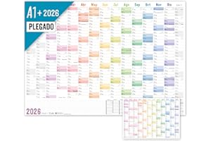 Häfft® Calendario de pared XXL 2026 A1+ en español (63 x 89 cm) plegado «Arco Iris» + planificador anual A4 de regalo, días festivos de España - sostenible y respetuoso con el clima