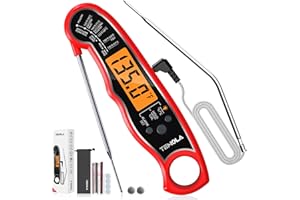 Thermometre Cuisine, 2 en 1 Sonde Thermomètre à Viande, Thermomètre LCD à Lecture Instantanée avec Ensemble d'Alarme de Sonde Filaire Extra sûr pour les Liquides de Vin de Barbecue(Red)