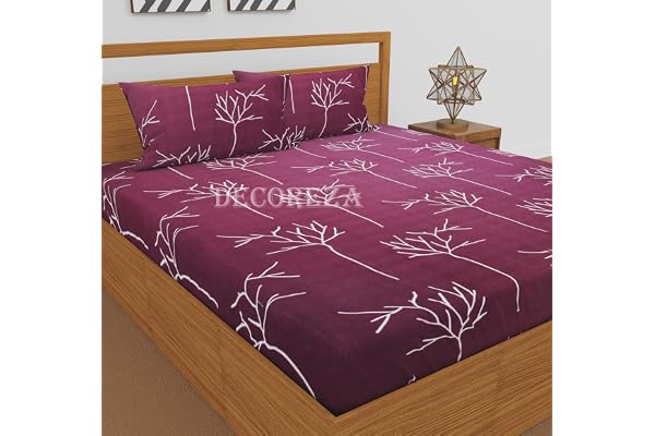 DECOREZA 350 TC Queen Size Elastic Fitted Bedsheet with Deep Pocket Cotton Feel Bed Sheet for Double Bed, Soft, Breathable & Wrinkle-Resistant, Includes 2 Pillow Covers, Size - 60"x78" Maroon Tree