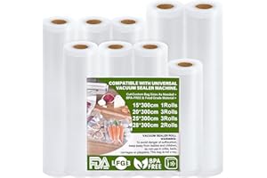 GIBOHOM 9 Rollos Bolsas Vacio Alimentos 15/20/25/28 x 300 cm, Gofradas Bolsas Envasar al Vacio Alimentos 150µm BPA Free, Antidesgarro, Rollos Envasadora al Vacio para Envasadora al Vacío e Sous Vide