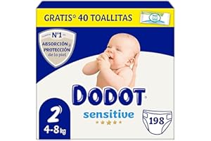 Dodot Dodot Sensitive Babywindeln Größe 2 (4-8 kg), 198 Windeln + 1 Packung mit 40 kostenlosen Reinigungstüchern, Total Aqua-Pflege, Absorption und Hautschutz von Dodot, Monatspaket