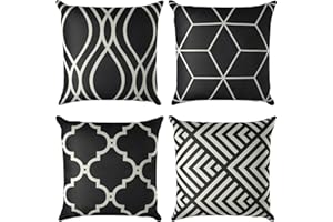 JuneJour Set of 4 Black Cushion Covers Outdoor Furniture Decorative Linen Square Single-Sided Printing Pillow Cover for Home Office Sofa Couch Car Garden 45 x 45cm