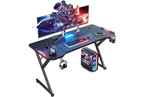 HLONONE Mesa Gaming 160 cm × 60 cm, Ergonómico Mesa Gamer con LED, Escritorio Gaming con Tablero de Fibra de Carbono, Gaming Desk con Alfombrillas de Ratón, Portavasos y Gancho para Auriculares, Negro